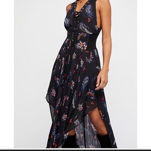 Free People Black Floral High Low Dress with corset ties in front